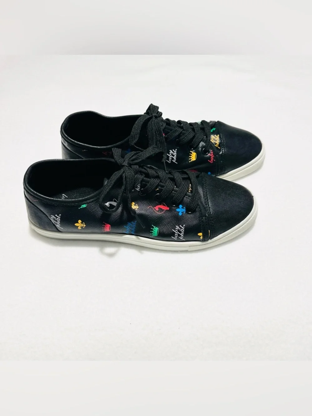 Baby Phat Y2K Black Skater Style Sneakers with Multicolor All Over Logo